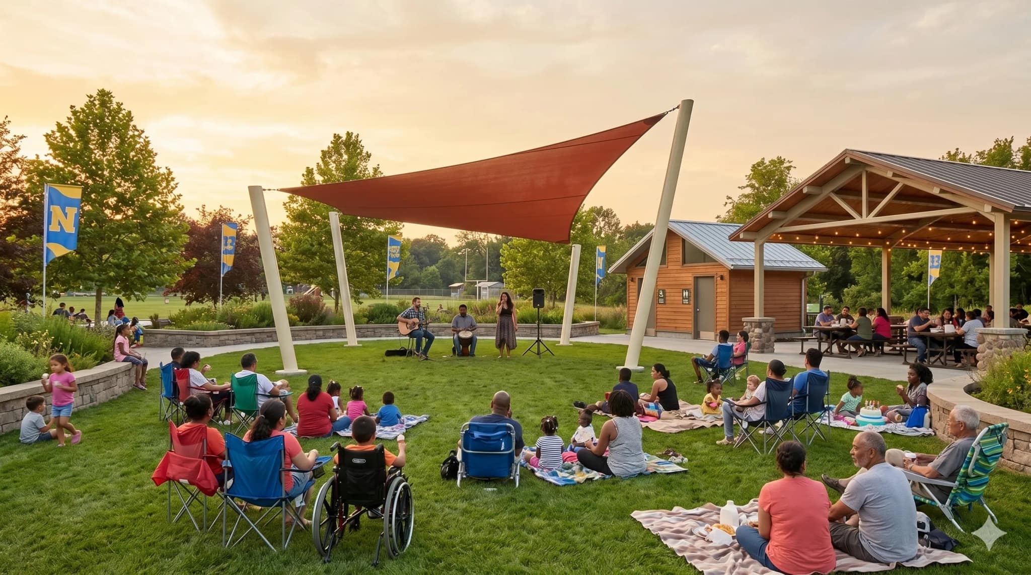 A community gathering at sunset under shade sails on the Central Gathering Lawn.
