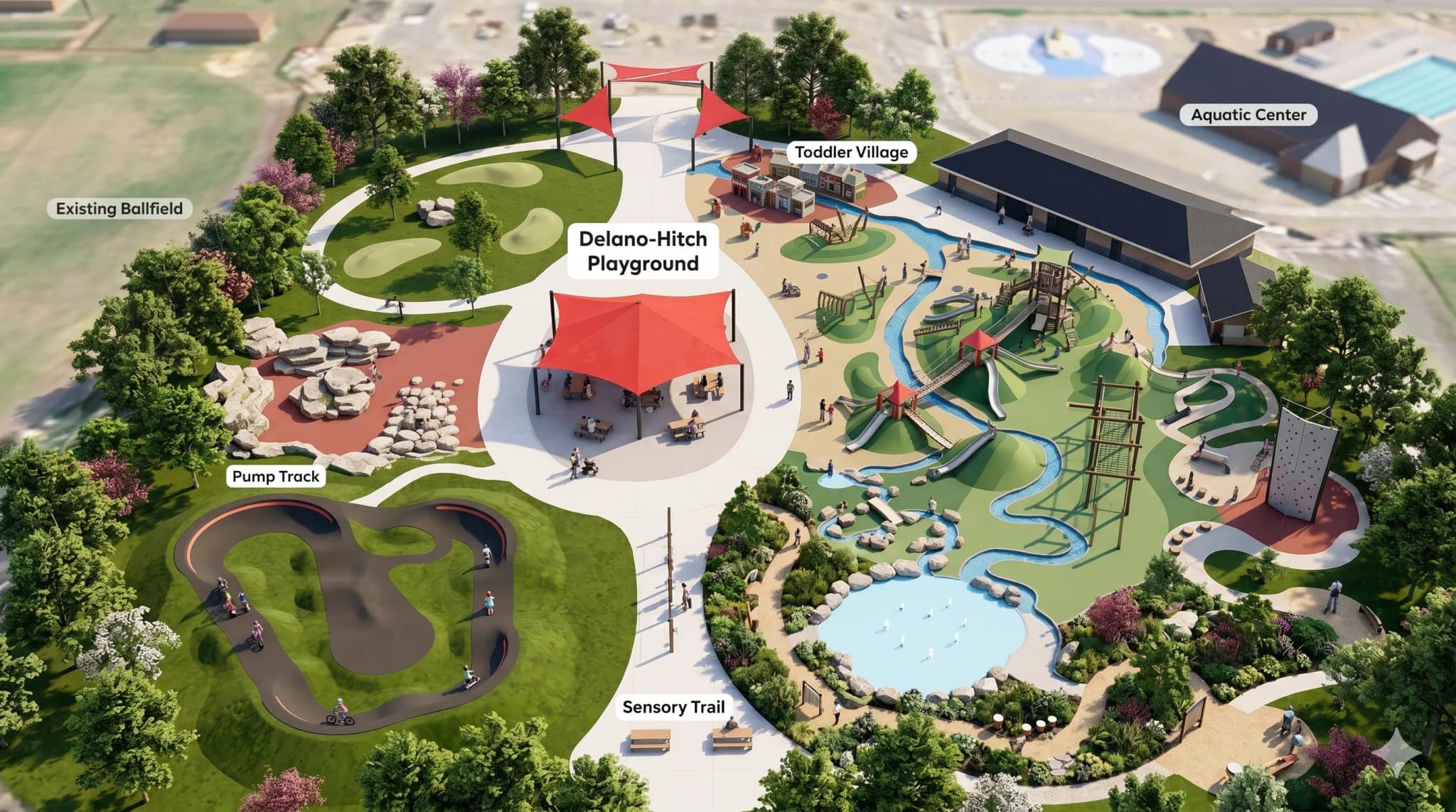 Aerial concept site plan showing six labeled zones at Delano-Hitch Park, with the Aquatic Center to the east and an existing ballfield to the north.