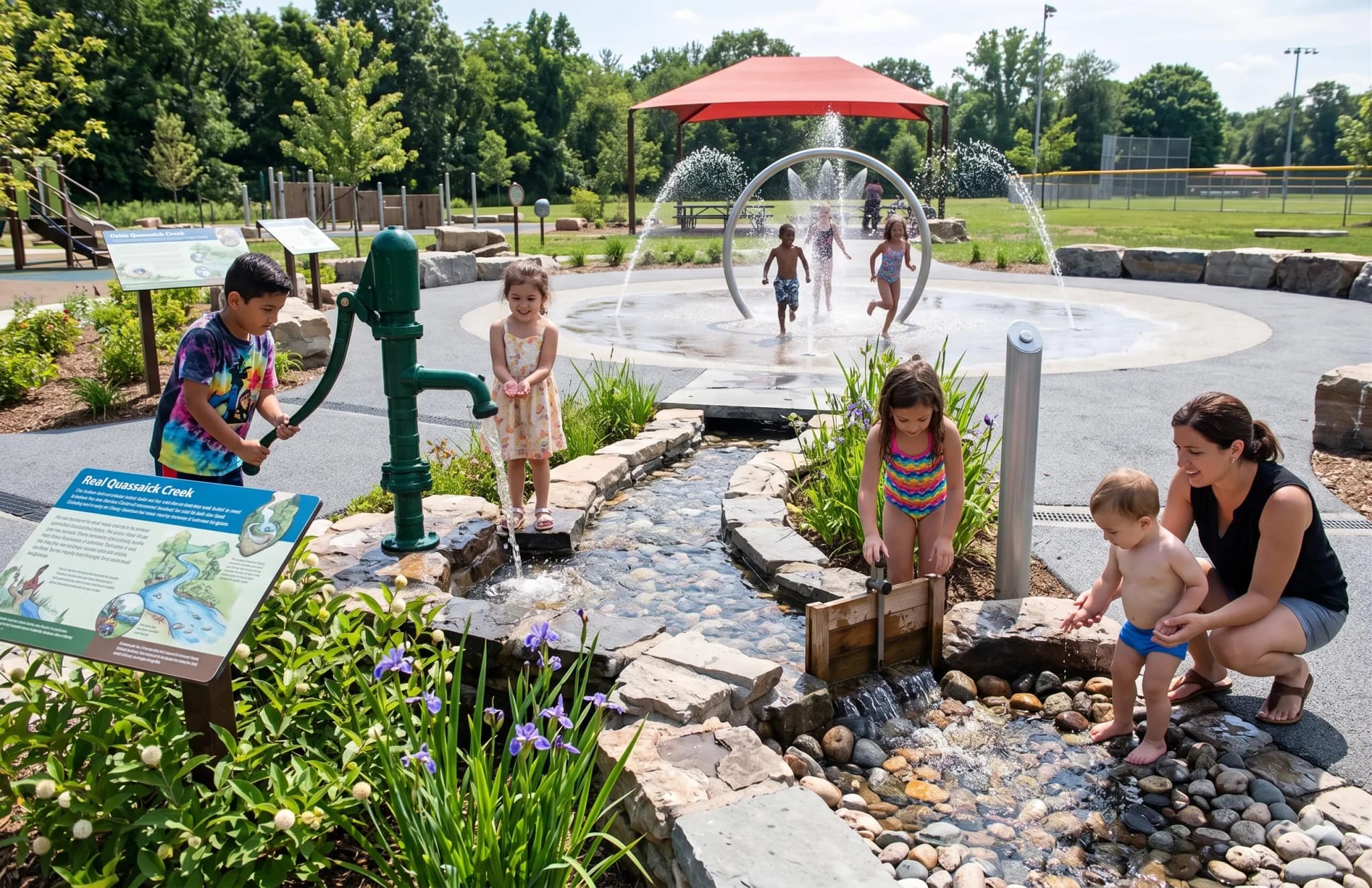 A splash pad and water-play feature with kids playing.