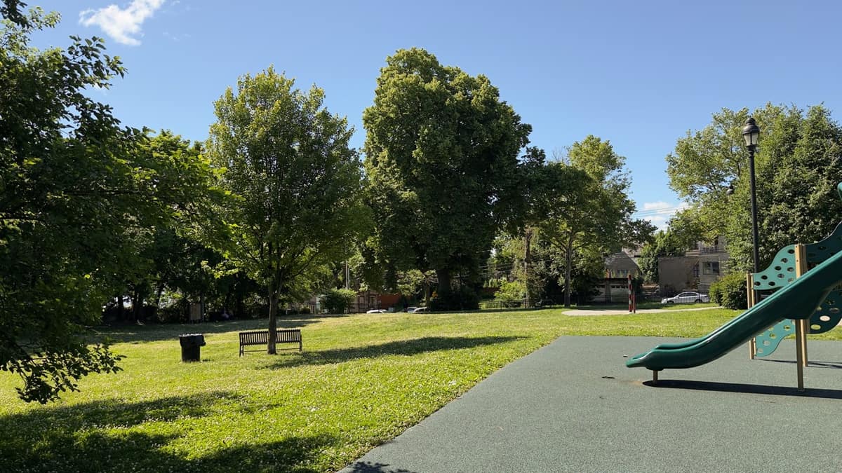 The main green and beige climbing structure at Tyrone Crabb Park.