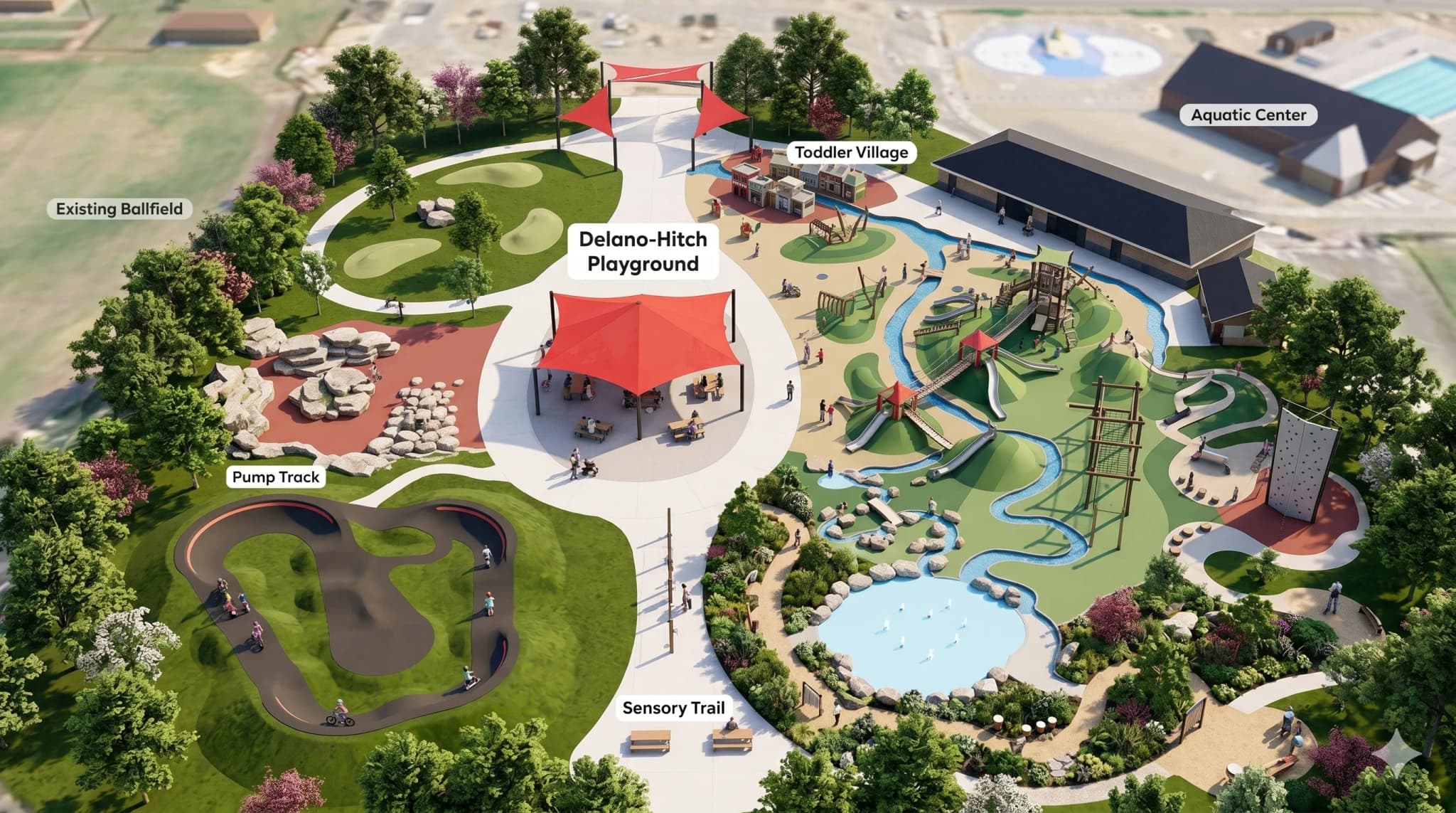 Aerial concept site plan of the proposed inclusive playground at Delano-Hitch Park, showing six labeled zones around a central plaza, with the Aquatic Center to the east.