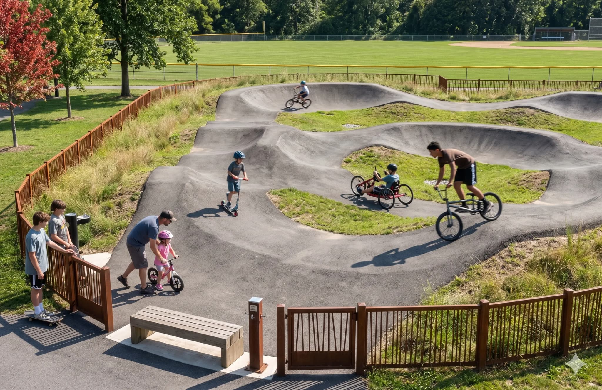 A paved pump track with kids on bikes, scooters, and an adaptive handcycle, fenced and surrounded by lawn.