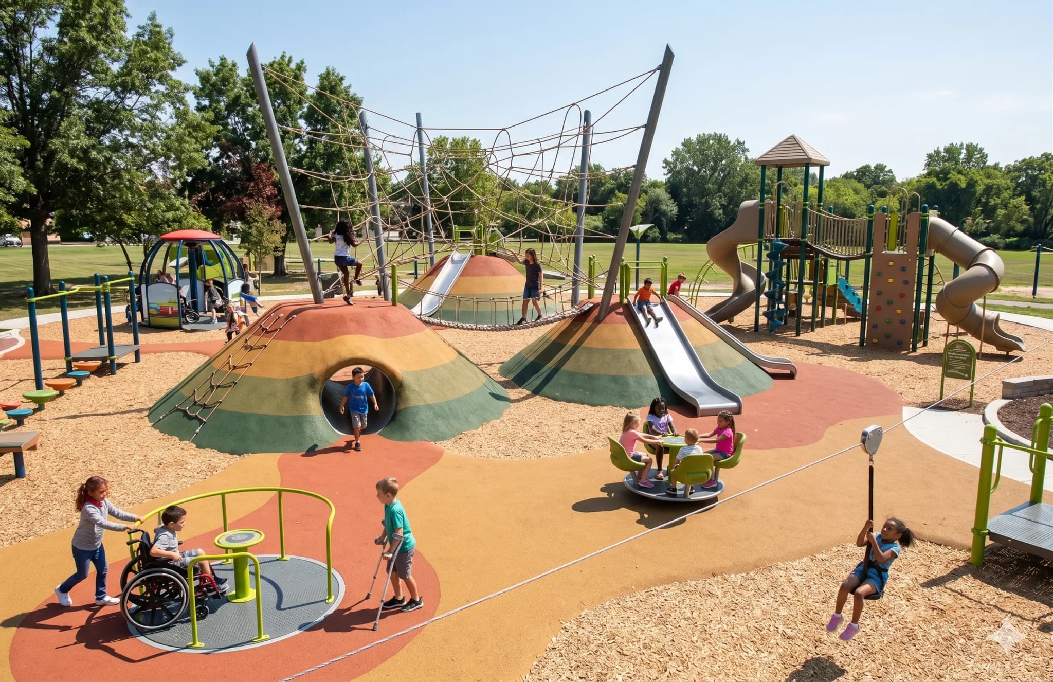 Children playing on earth-formed berms with embedded slides, climbing nets, and a tunnel; a child using a wheelchair plays at the base.