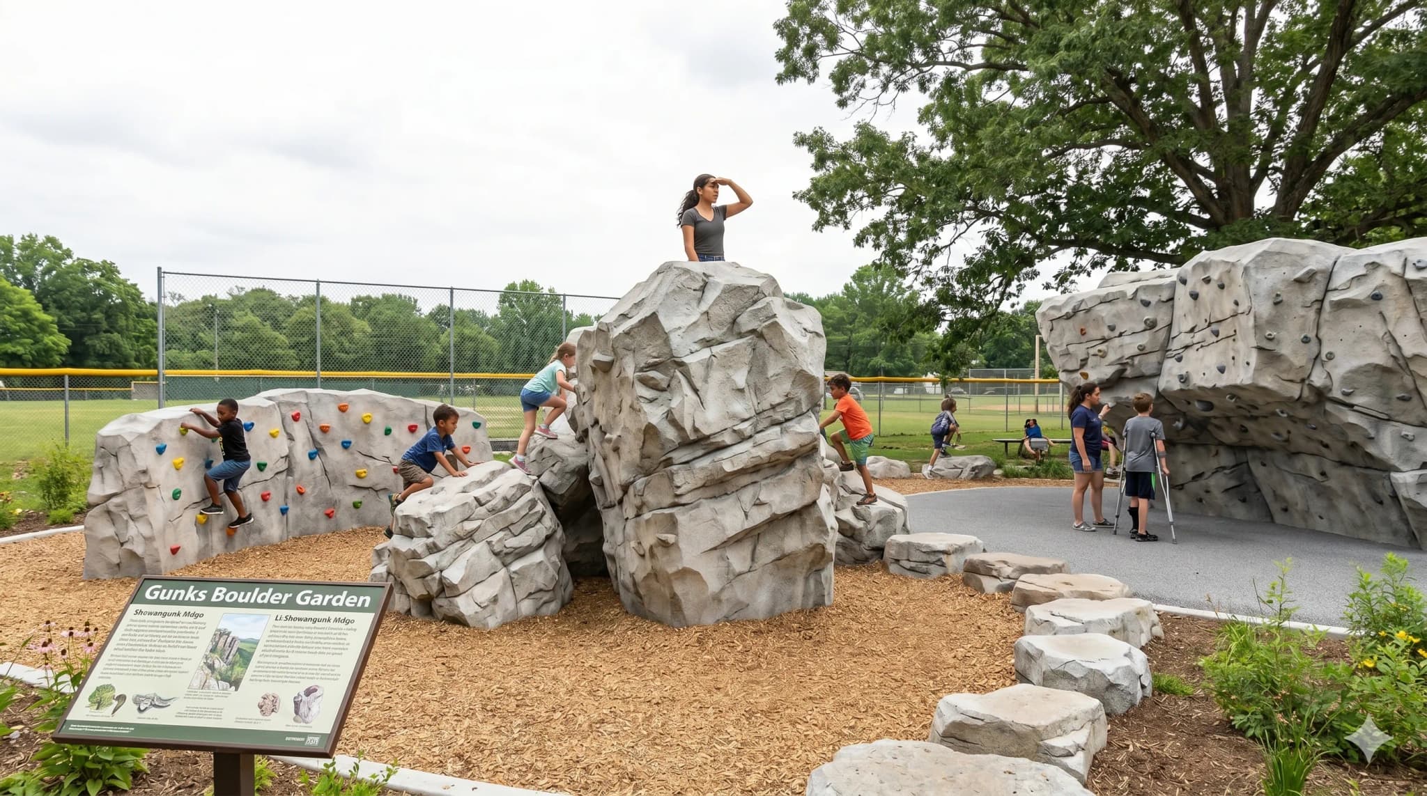 Children climbing on tall sculpted boulders next to an interpretive panel labeled "Gunks Boulder Garden," referencing the Shawangunk Ridge.
