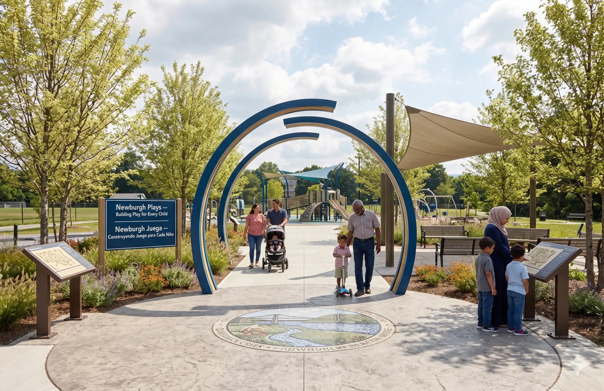 A bilingual entry arch reading "Newburgh Plays" / "Newburgh Juega," with families walking through it on a paved plaza.