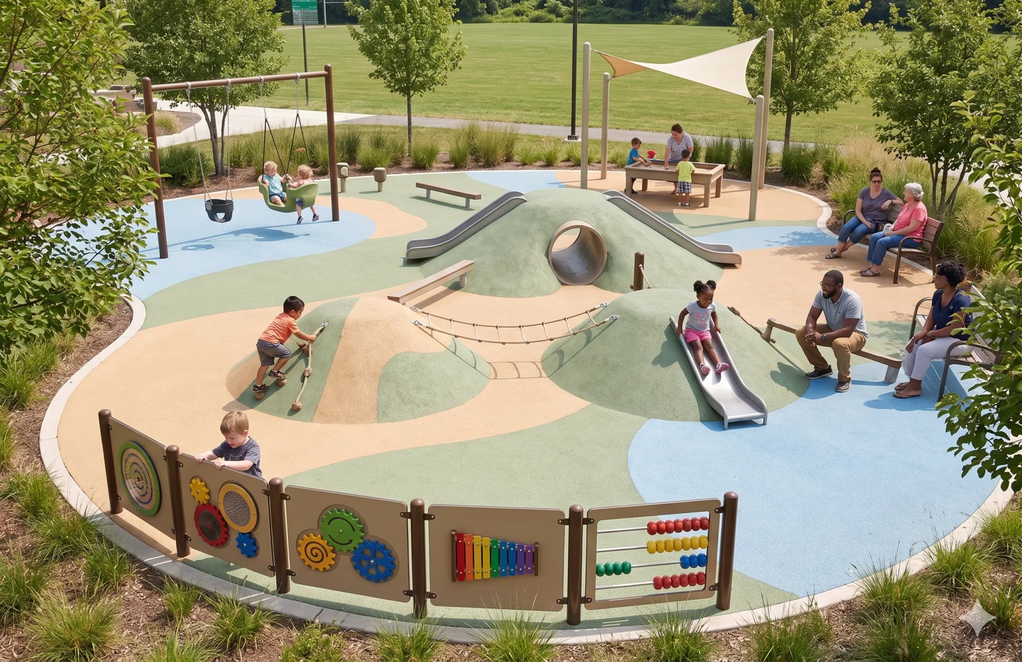 A low-scale toddler area with a small mound, slide, swings, sensory panels, and caregivers seated nearby.