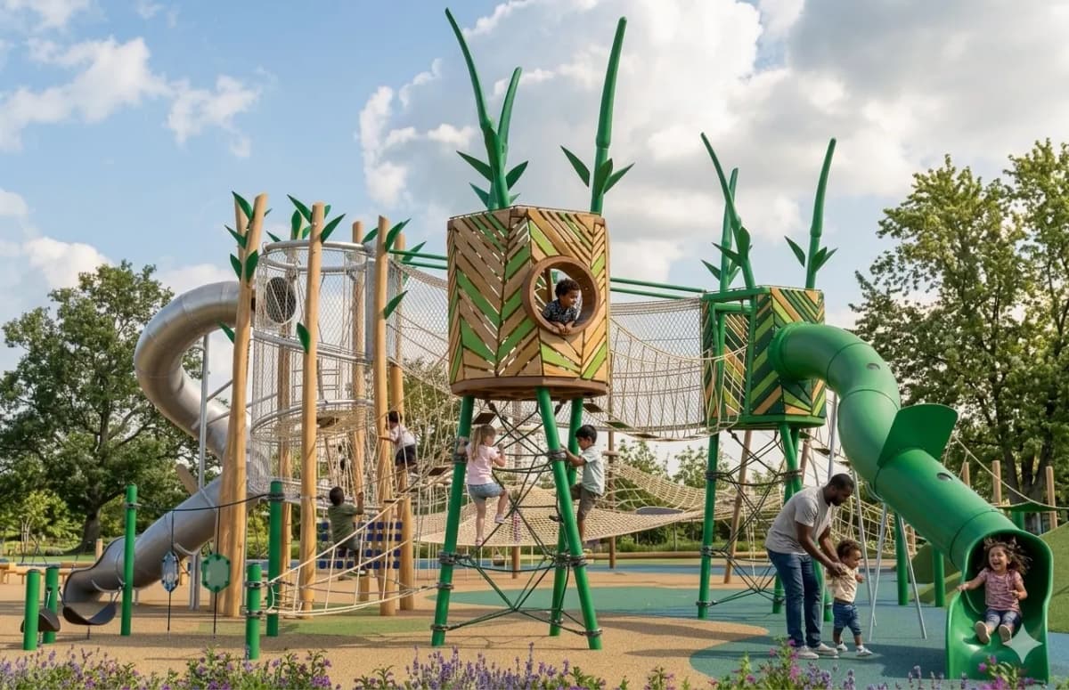 A play tower with tall reed-shaped accents, two tube slides, climbing nets, and a perched lookout, set on rubber surfacing with children playing.