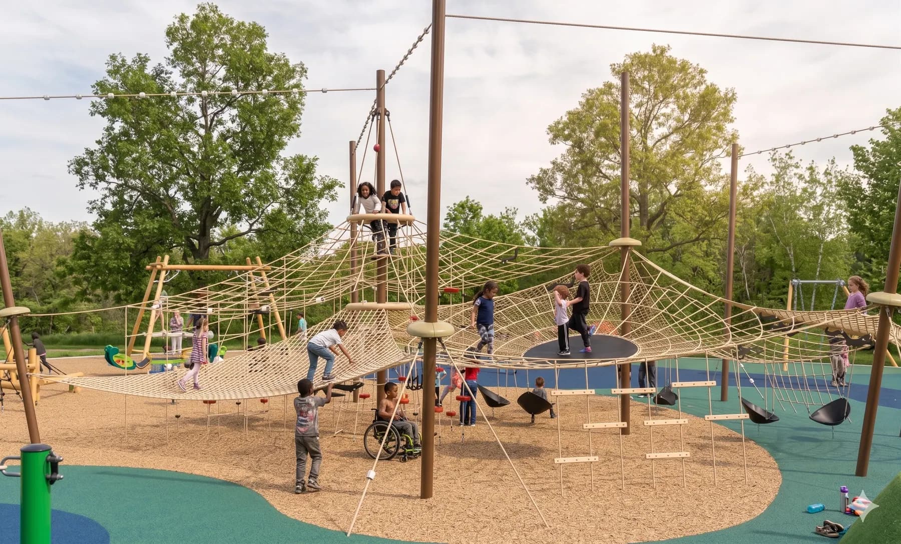 Children of mixed ages climbing across a large rope structure: woven net domes strung between tall wooden posts on rubber surfacing, with mature trees behind.