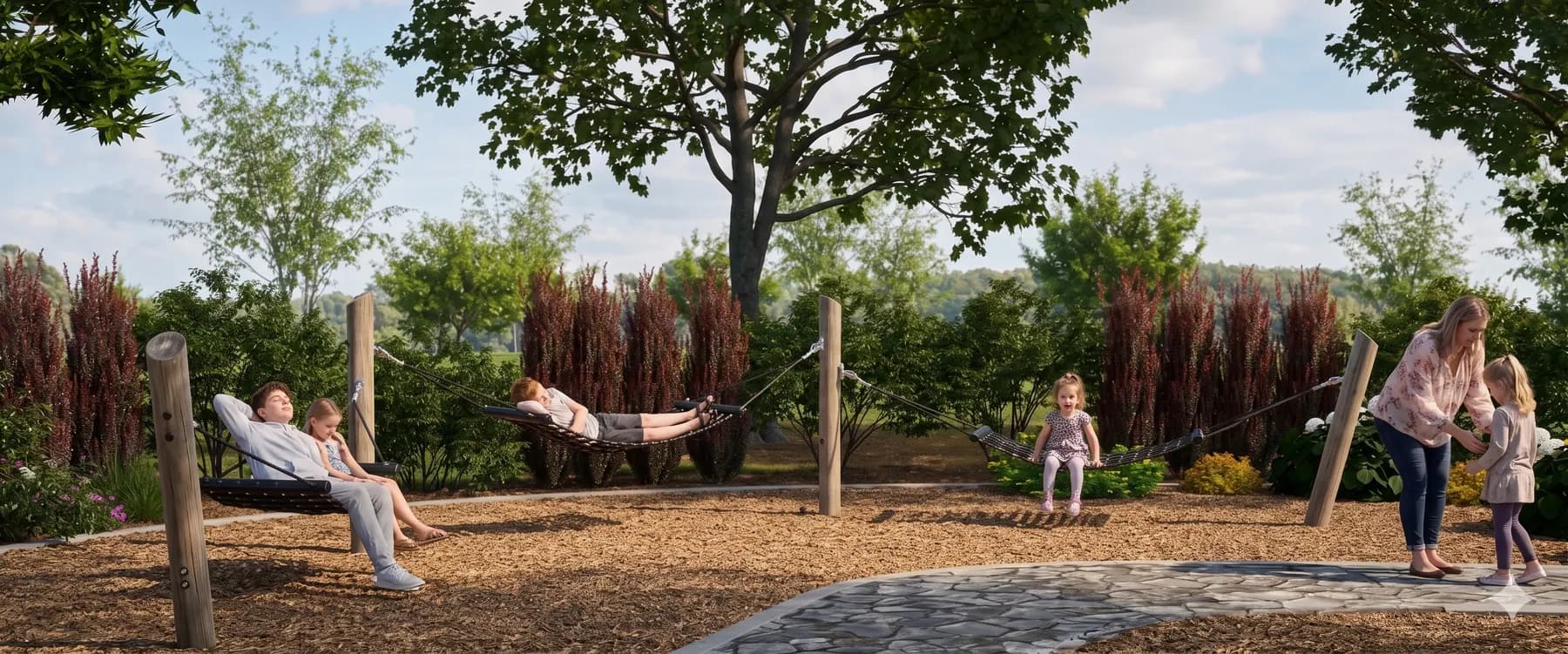 Adults relaxing in two large round hammocks under a mature tree, with a child walking a low rope-balance line and another playing nearby, planted screens behind.