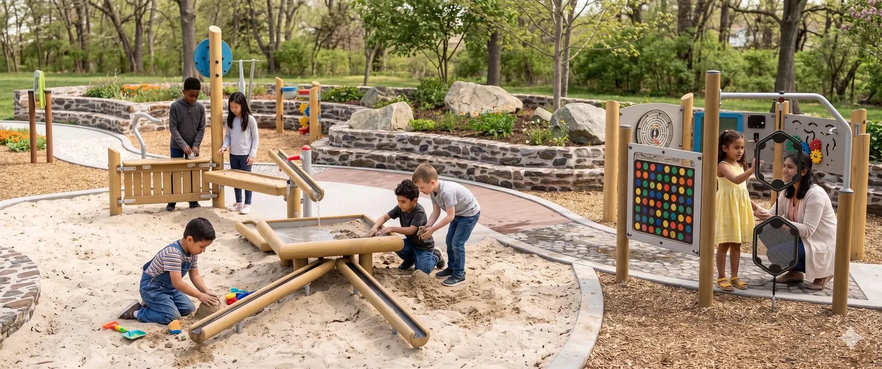 A sand play area with a wooden sand-and-water table, kids digging in the sand, and a colorful sensory and music panel along a stone planter wall to the right.