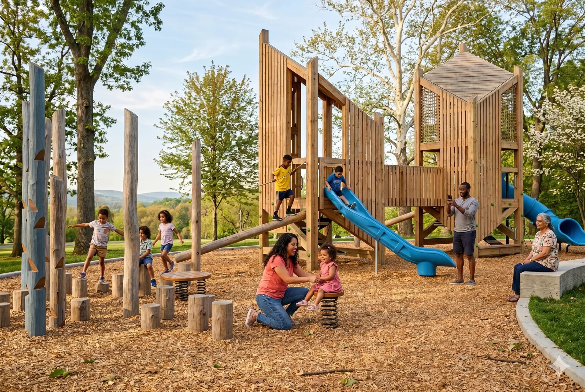 A heavy-timber post-and-beam play tower with two slides, log balance posts, and natural materials throughout.