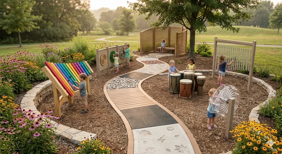 A music garden with xylophone, drums, and a sensory walking path winding through plantings.