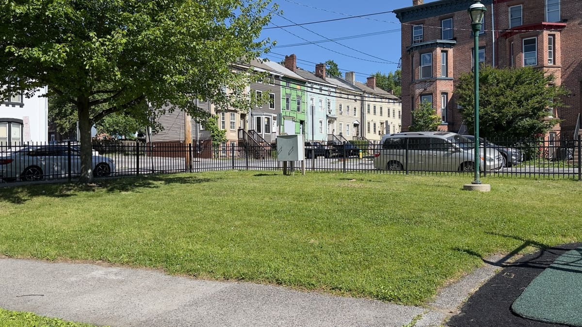 An open grass area at Audrey Carey Park near the iron perimeter fence and a green lamp post.