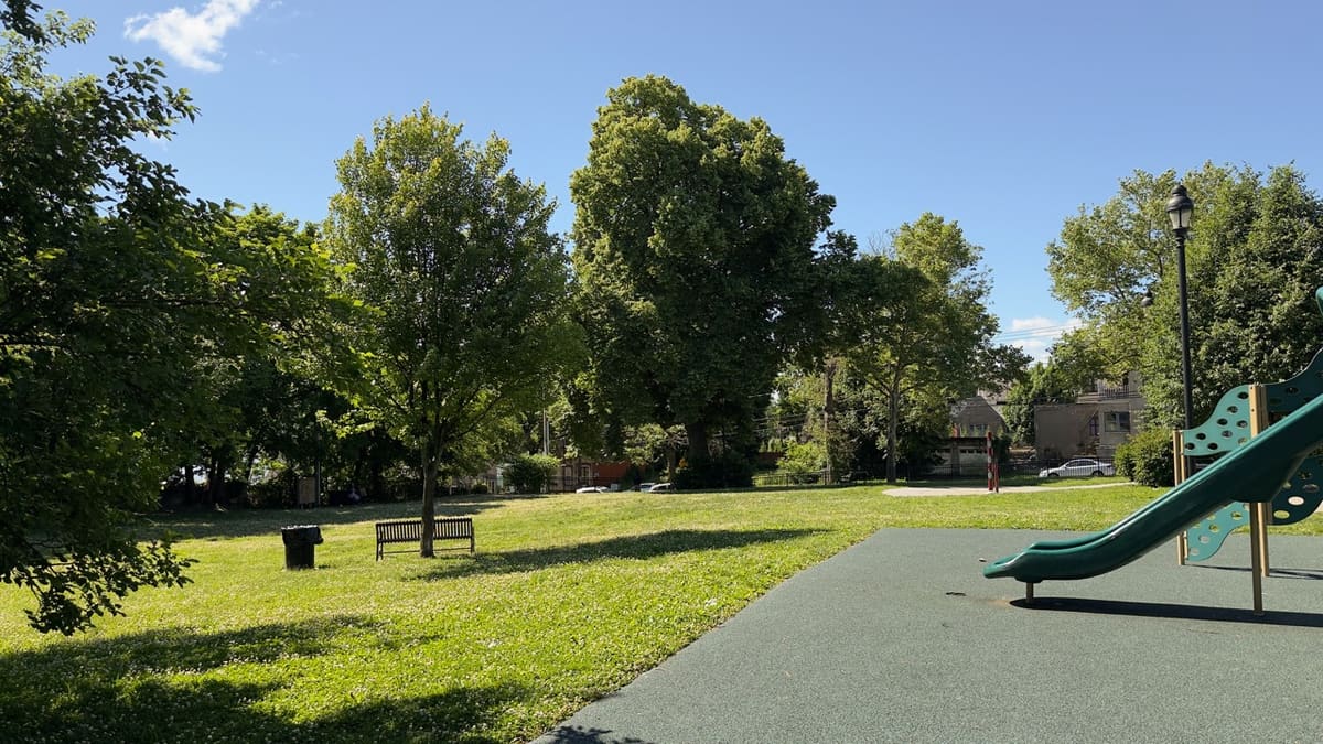 The main green and beige climbing structure at Tyrone Crabb Park.